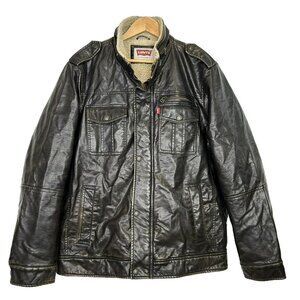 Levis Bomber Jacket Mens Large Faux Leather Brown Sherpa Lined Flight Aviator